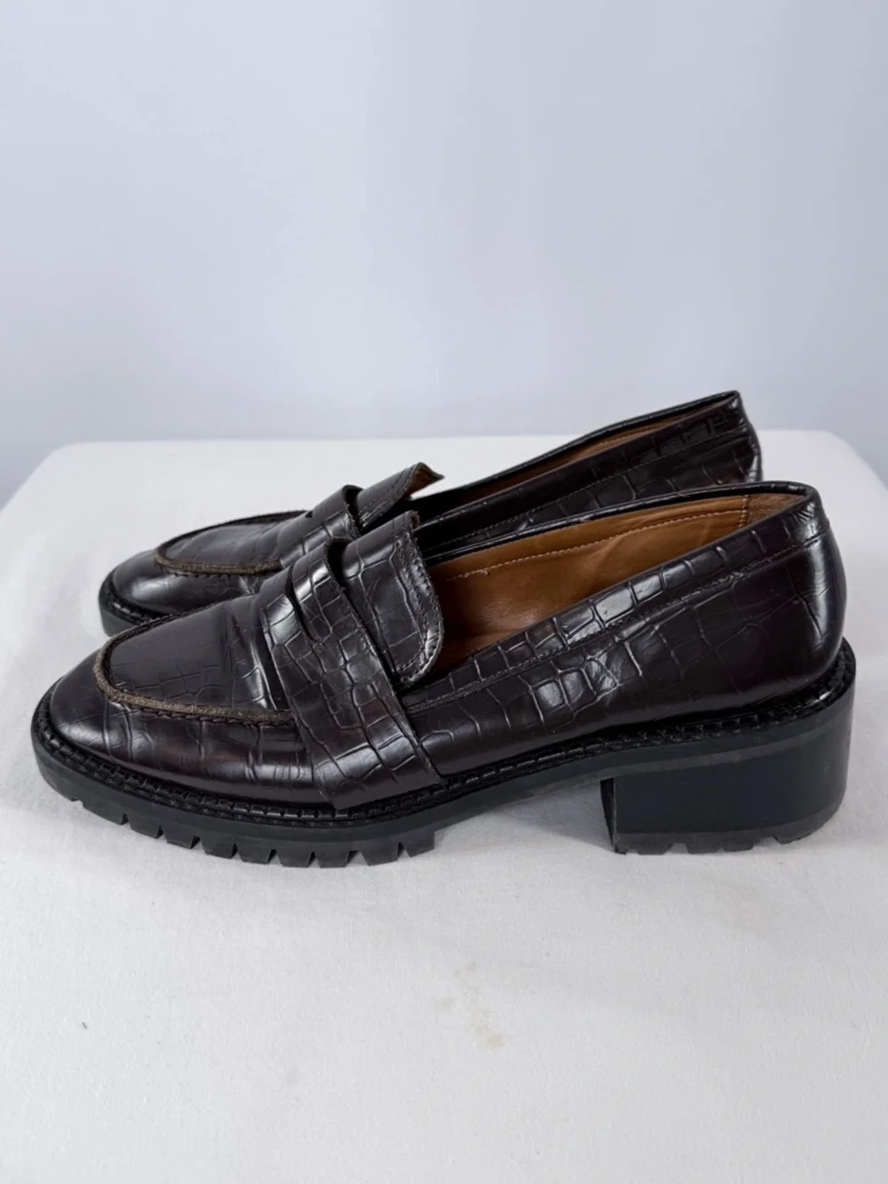 &‎ Other Stories Croc Embossed Block Heel Loafers in Dark Brown Size 10.5 - Picture 3 of 11
